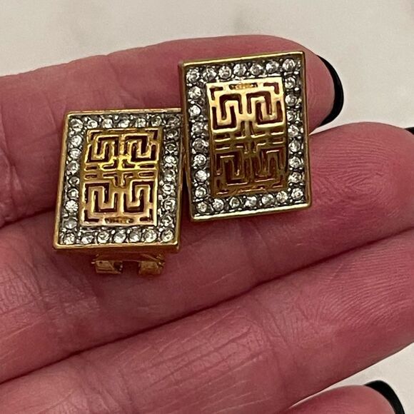 Vintage Givenchy Gold-Tone Pierced Earrings with Rhinestone Border - Picture 3 of 6